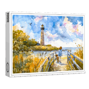 raxxa Premium-Puzzle: Lighthouse trail with child and dog watercolor