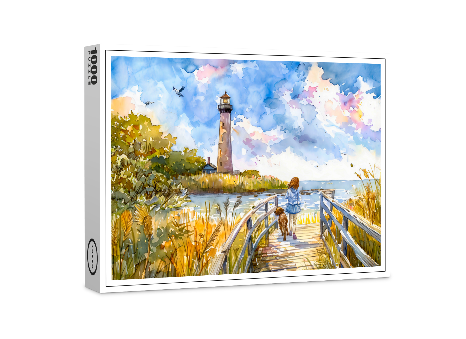 raxxa Premium-Puzzle: Lighthouse trail with child and dog watercolor