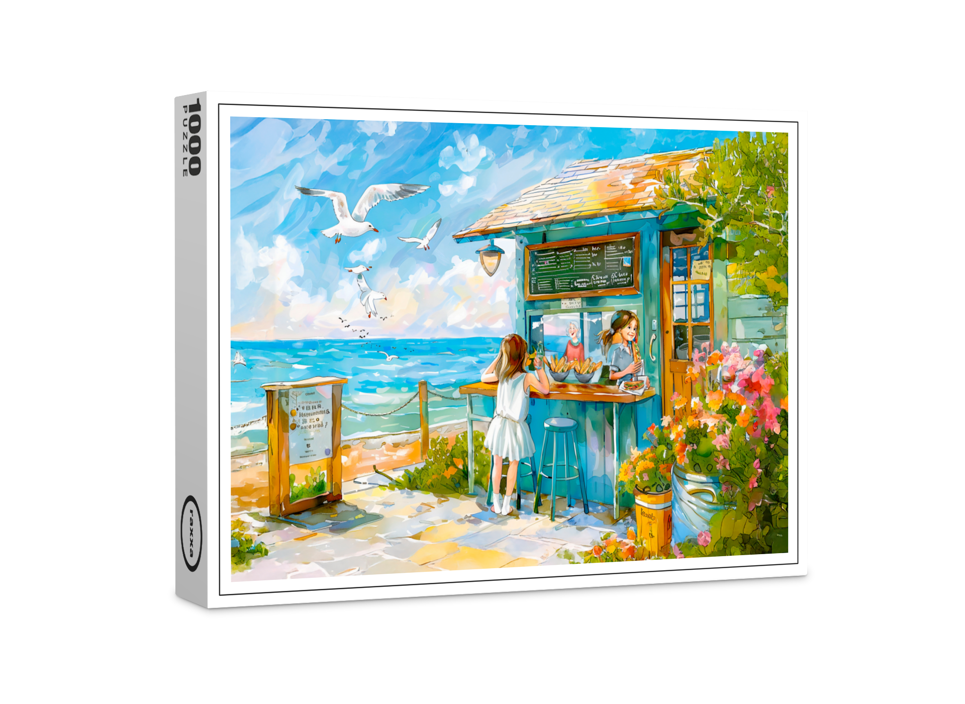 raxxa Premium-Puzzle: Girl buying sandwitch and water bottle at beach snacks watercolor