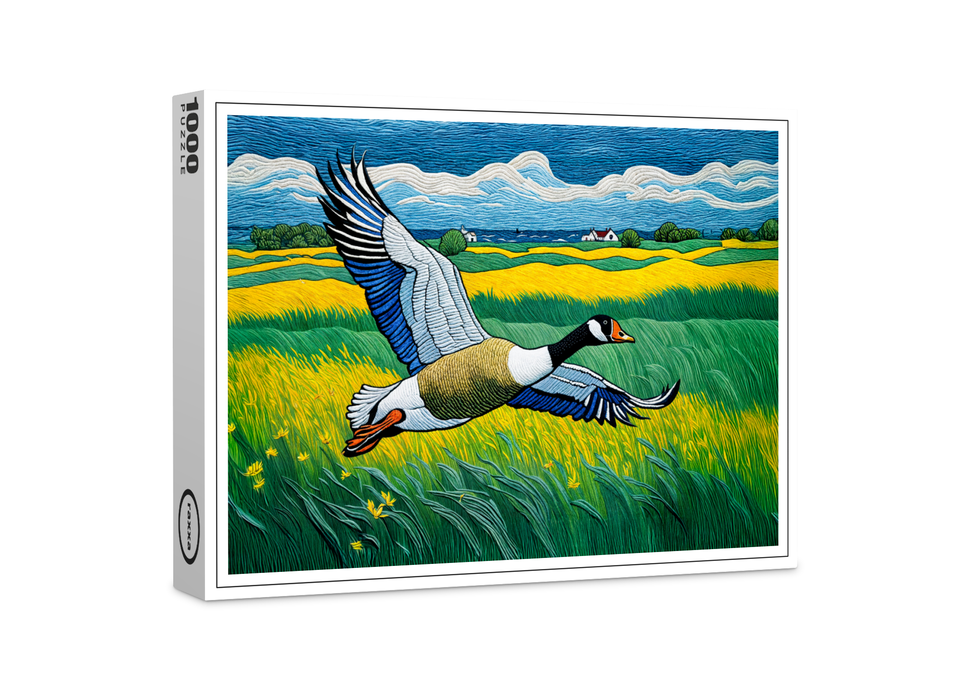 raxxa Premium-Puzzle: Wild Goose Flying Over Blooming Meadow