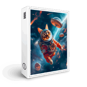 raxxa Premium-Puzzle: Adventurous Space Cat Floating Gracefully Beyond Earth’s Horizon
