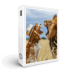 raxxa Premium-Puzzle: King Charles Cocker Spaniel Takes Selfies in africa with a Lion