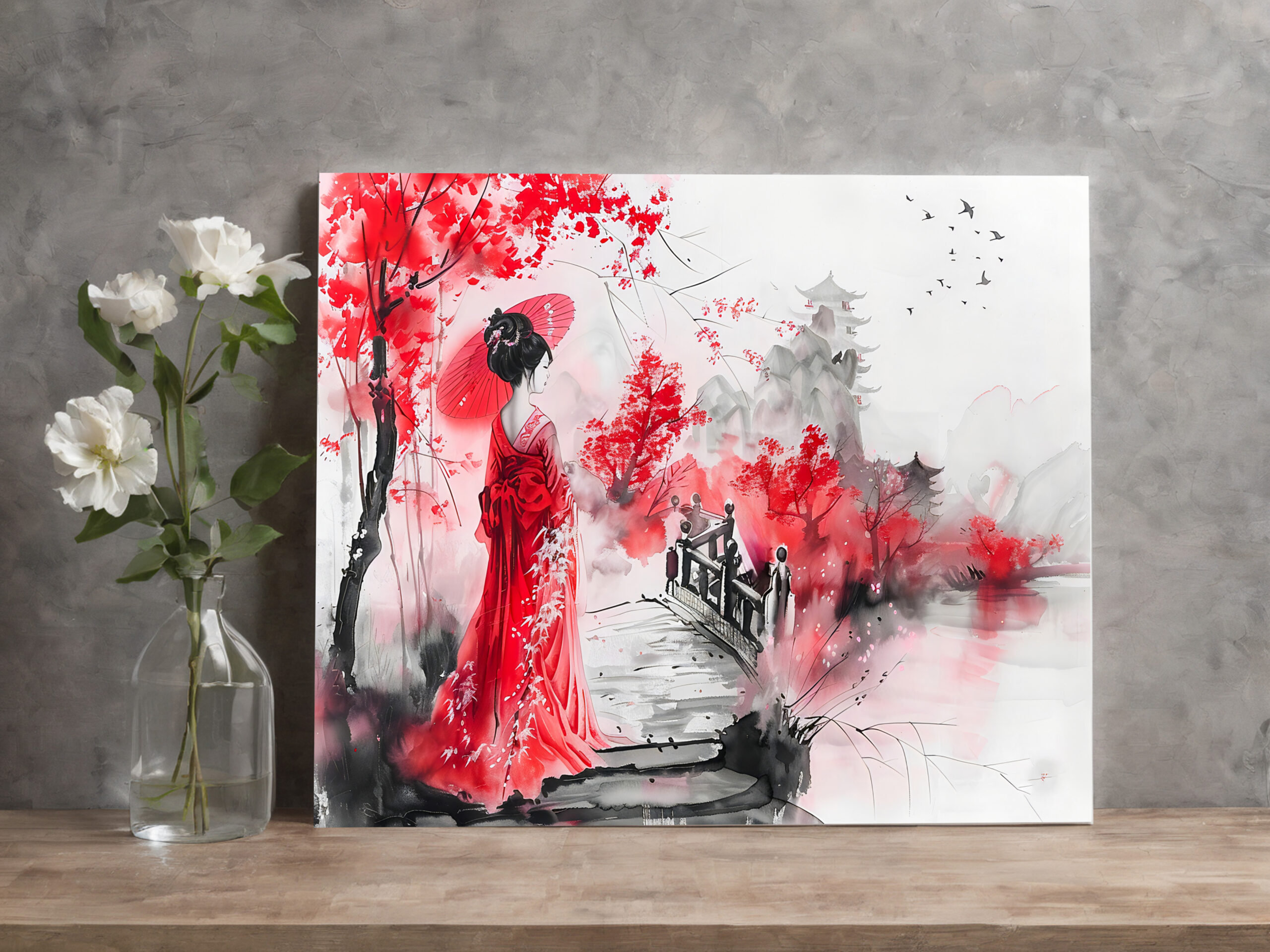 raxxa Canva: Chinese Watercolor Geisha on a Bridge - immagine 2