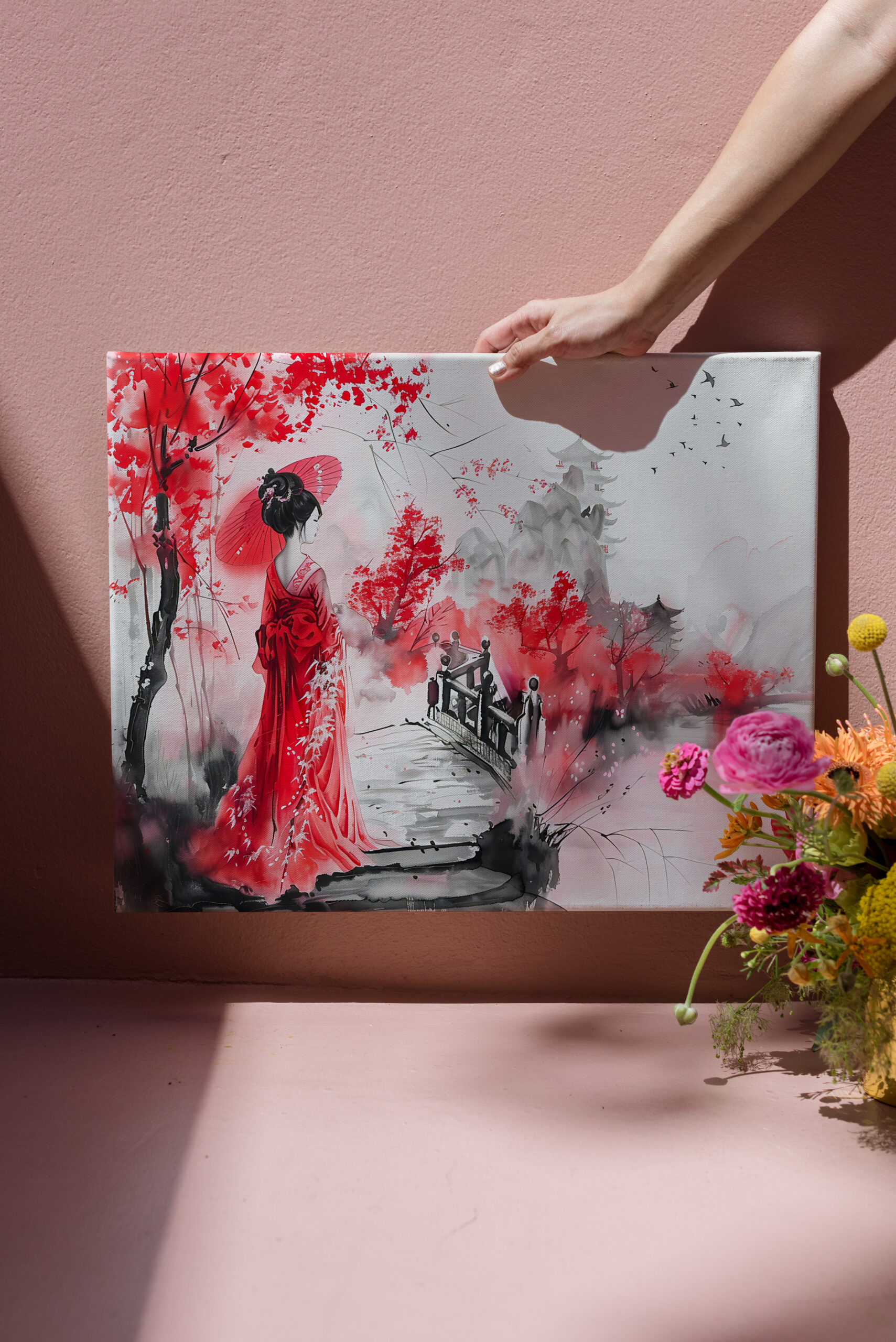 raxxa Canva: Chinese Watercolor Geisha on a Bridge