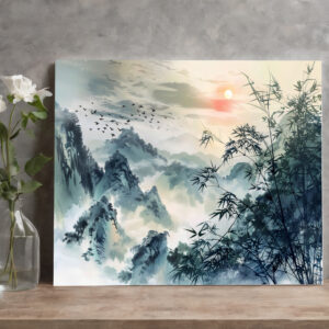 raxxa Canva: Chinese Watercolor Bird Migration at Sunset
