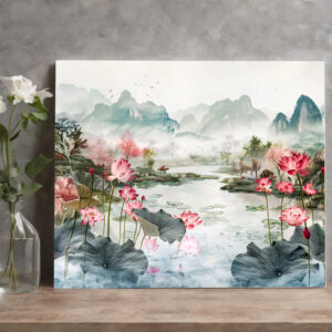 raxxa Canva: Chinese Watercolor Lotus and Serene Mountains