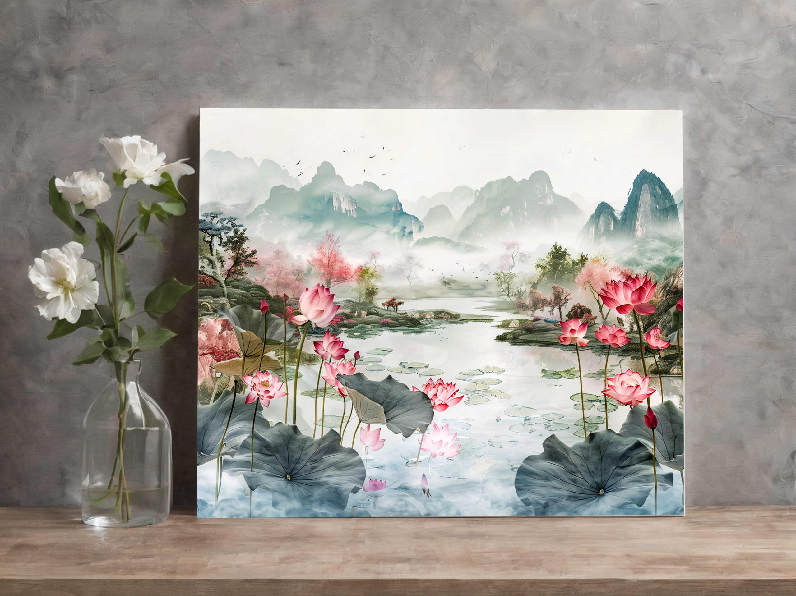 raxxa Canva: Chinese Watercolor Lotus and Serene Mountains