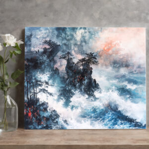 raxxa Canva: Chinese Watercolor Waves on Rocky Coast