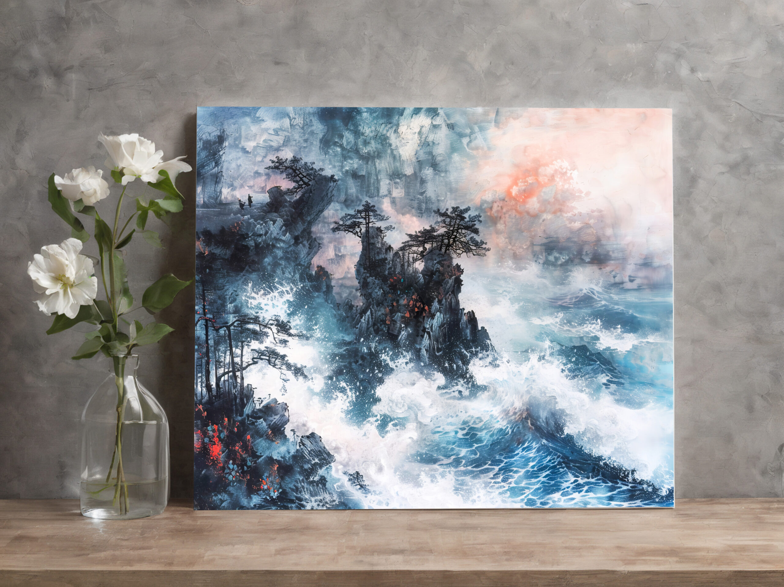 raxxa Canva: Chinese Watercolor Waves on Rocky Coast