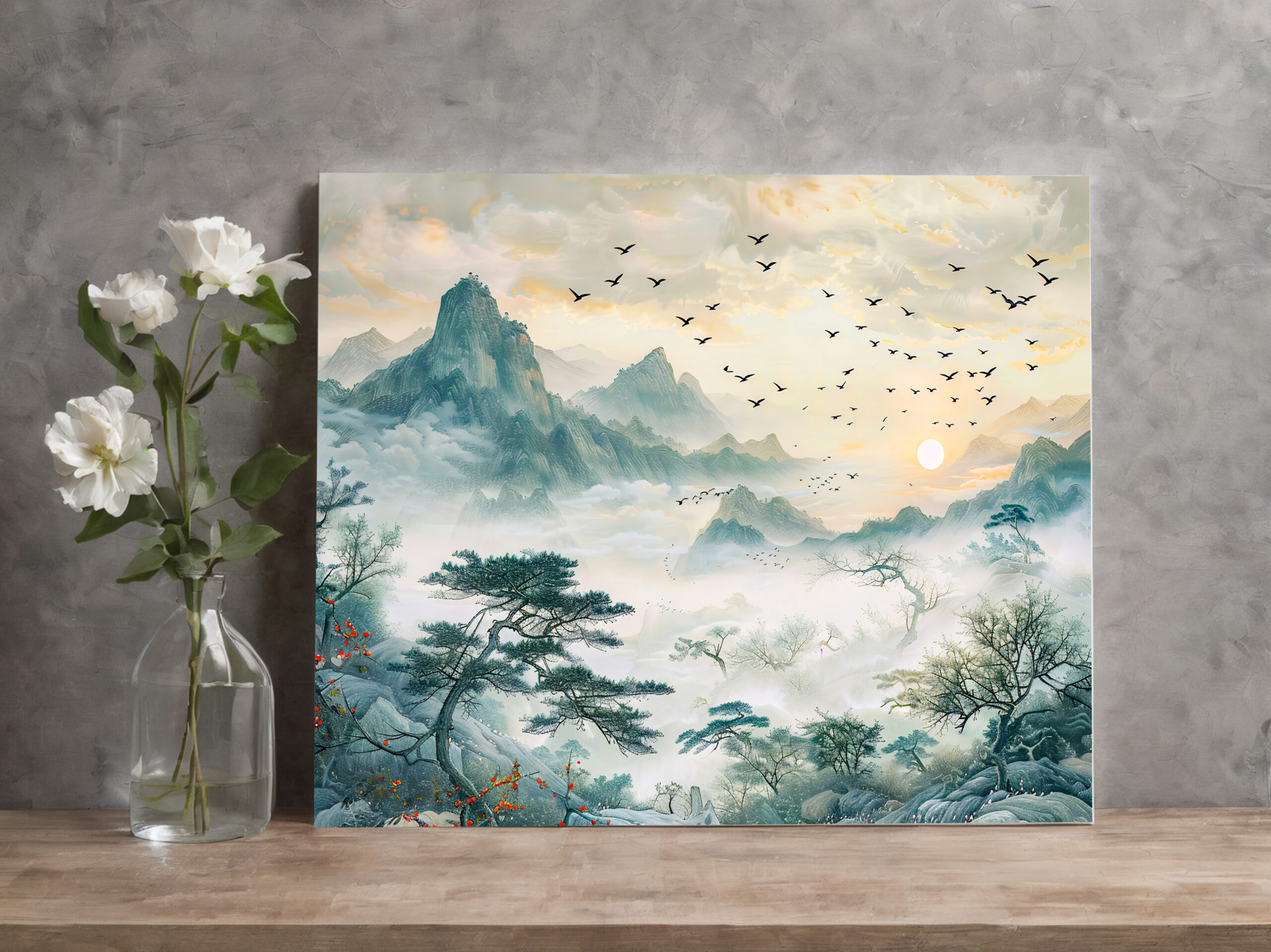 raxxa Canva: Chinese Watercolor Birds in Evening Sky