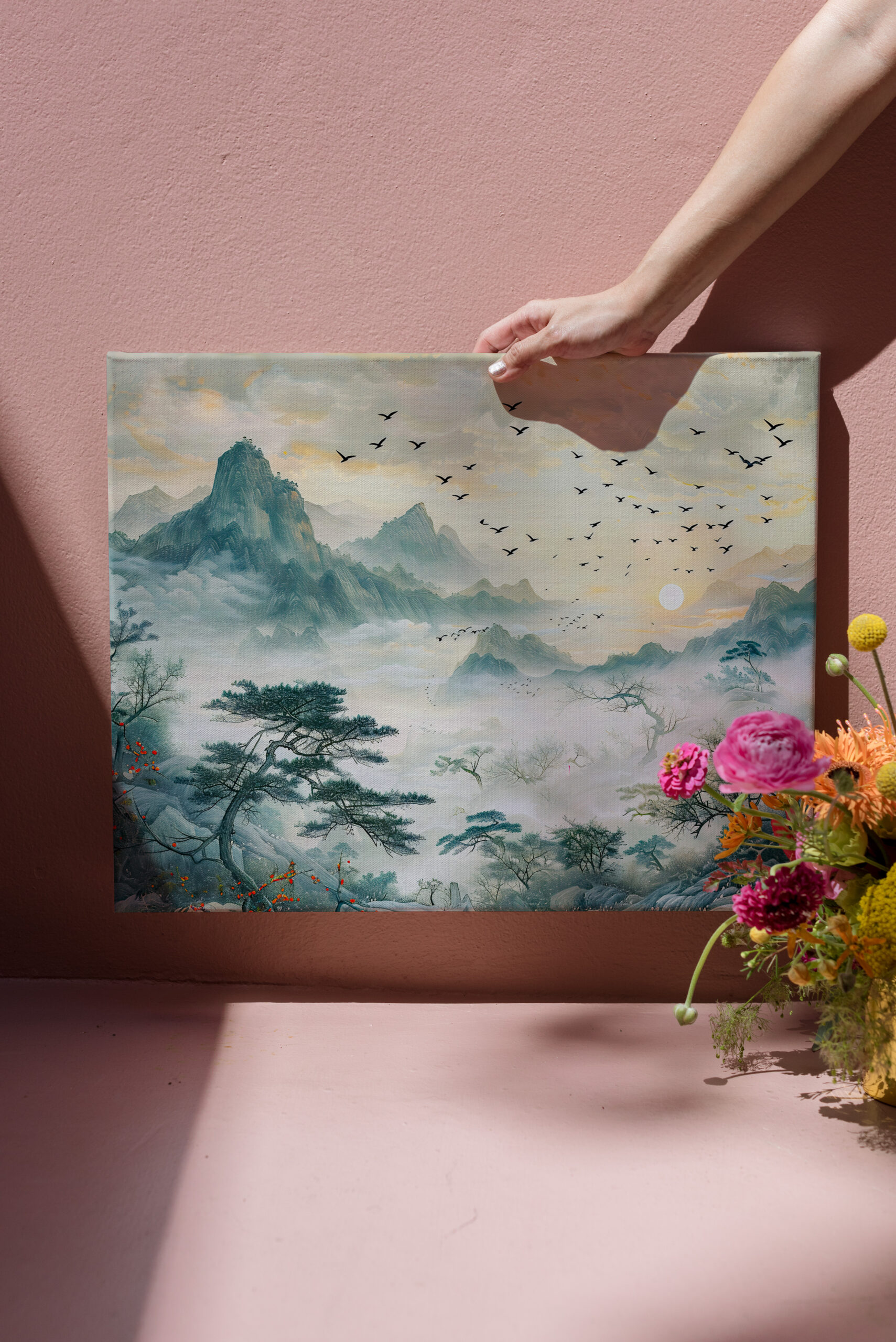 raxxa Canva: Chinese Watercolor Birds in Evening Sky - Imagen 3