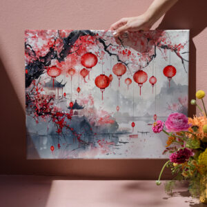 raxxa Canva: Chinese Watercolor Lanterns and Blossoming Trees
