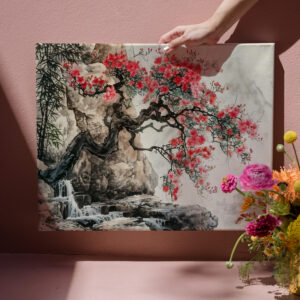 raxxa Canva: Chinese Watercolor Blossoming Tree in Mountains