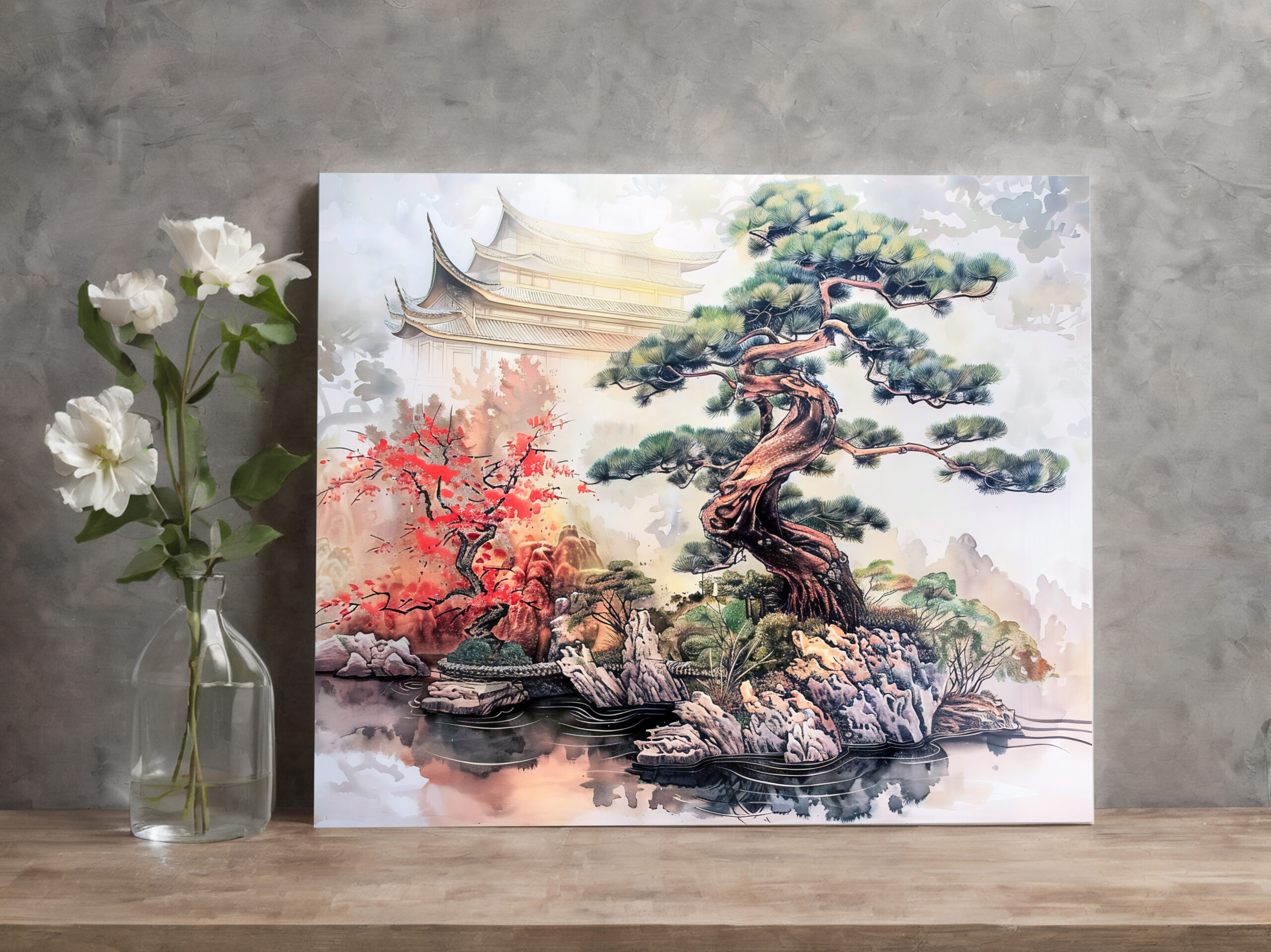 raxxa Canva: Chinese Watercolor Bonsai Pine in Garden - Imagen 2