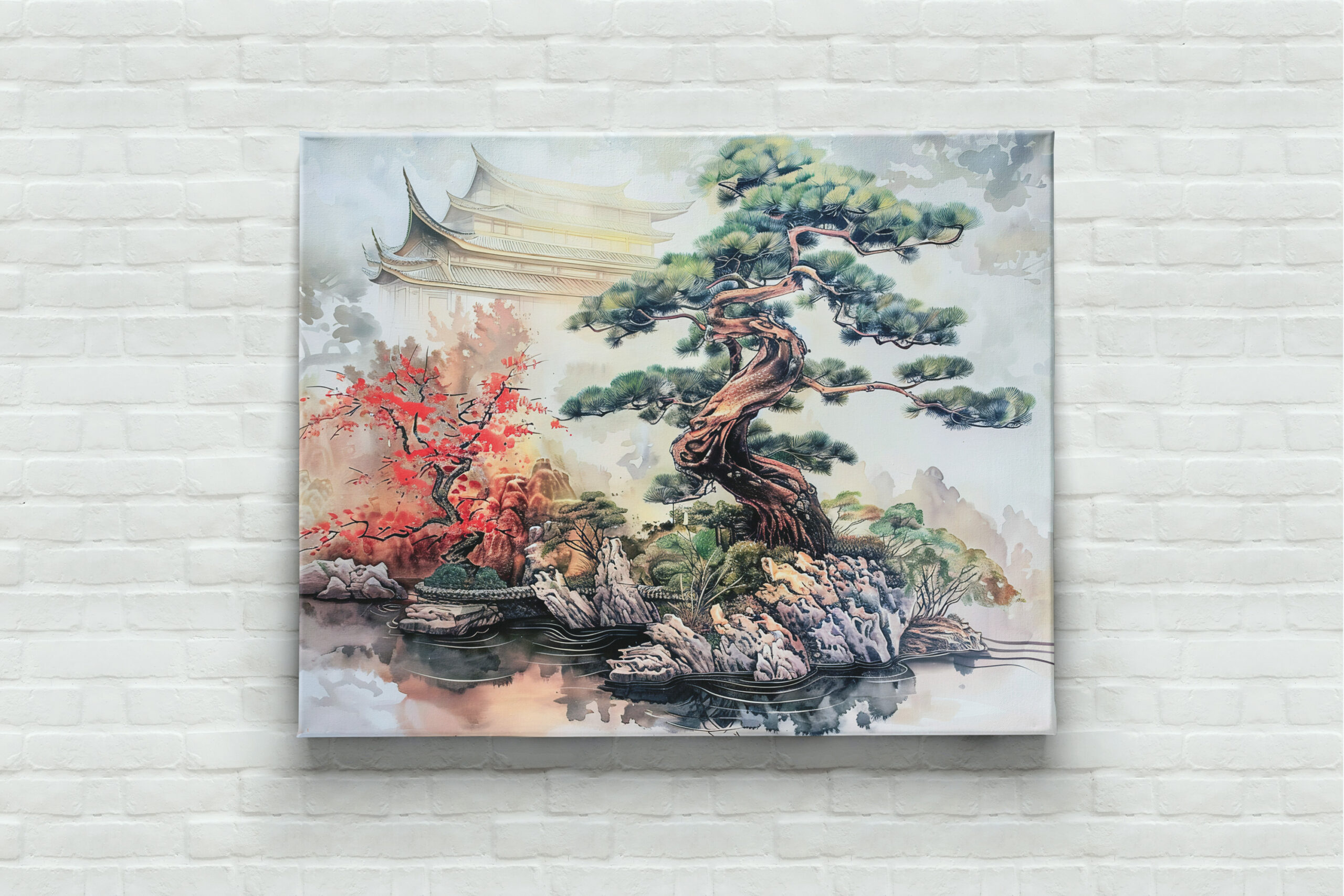 raxxa Canva: Chinese Watercolor Bonsai Pine in Garden