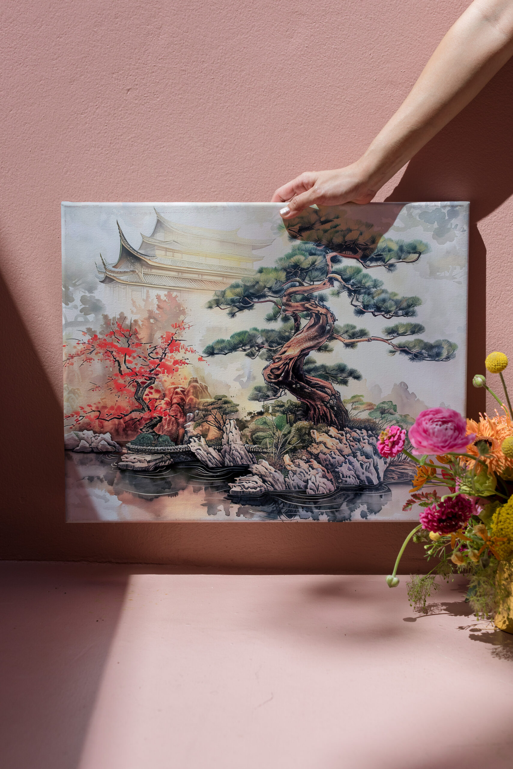 raxxa Canva: Chinese Watercolor Bonsai Pine in Garden - Imagen 3