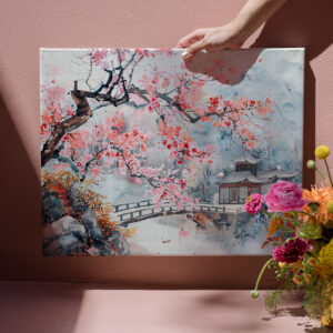 raxxa Canva: Chinese Watercolor Temple with Cherry Blossoms