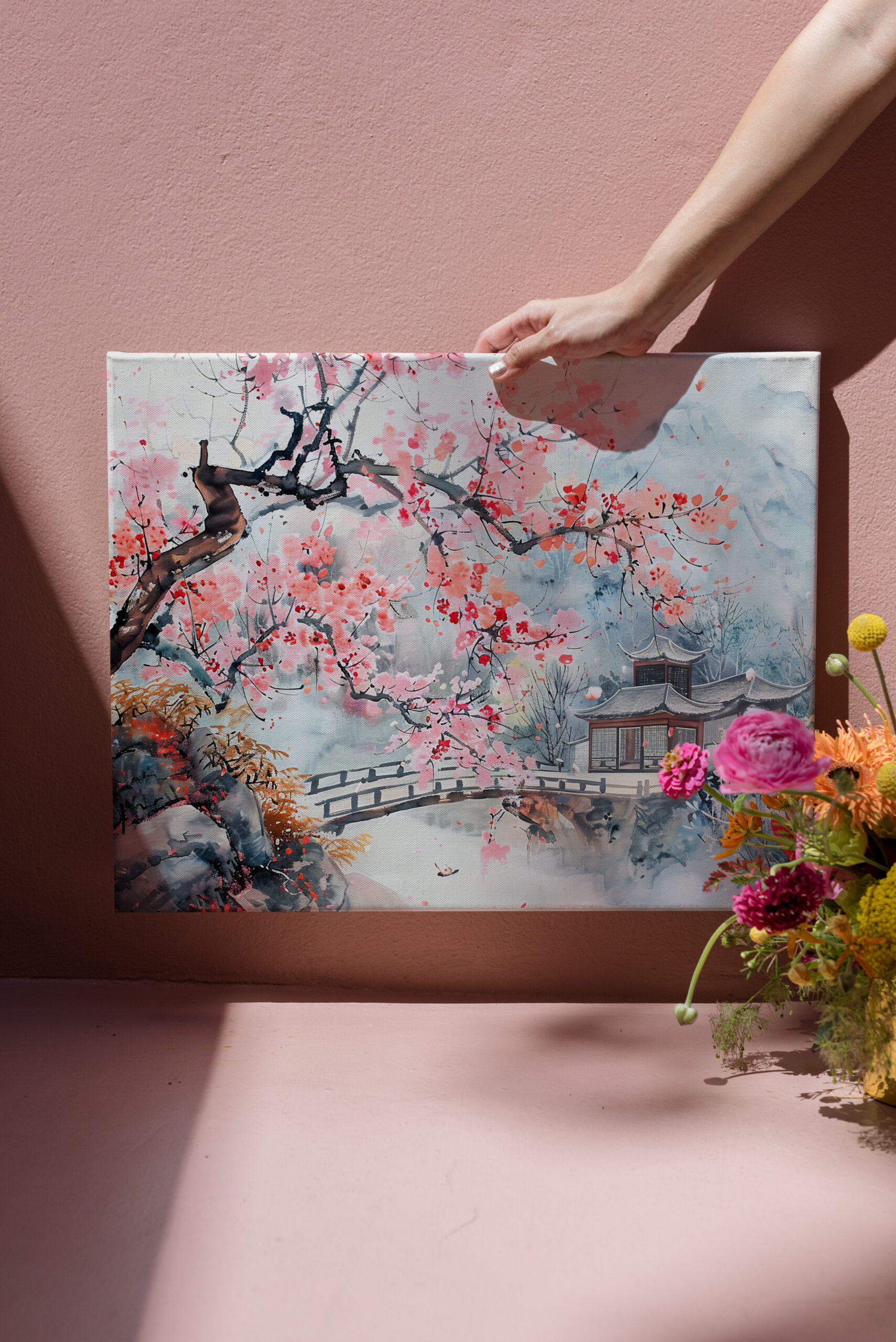 raxxa Canva: Chinese Watercolor Temple with Cherry Blossoms