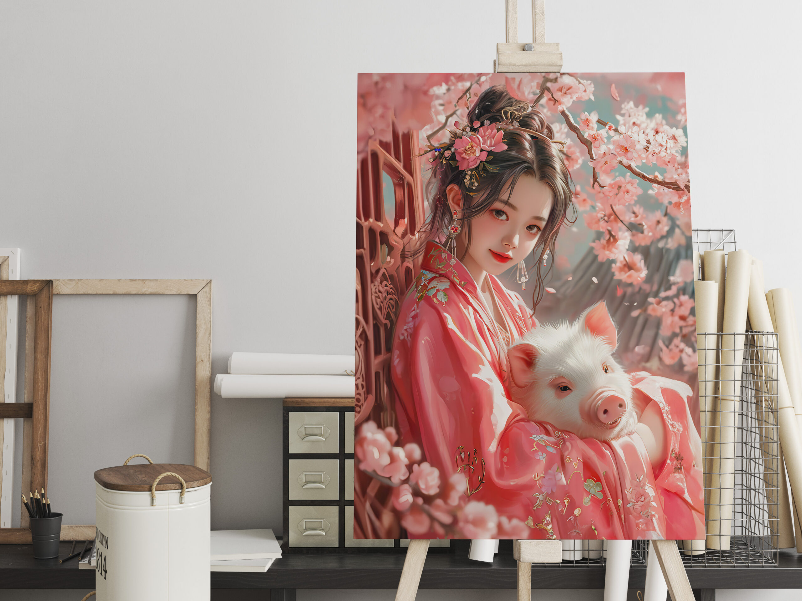 raxxa Canva: Girl with Pig Chinese Zodiac Art