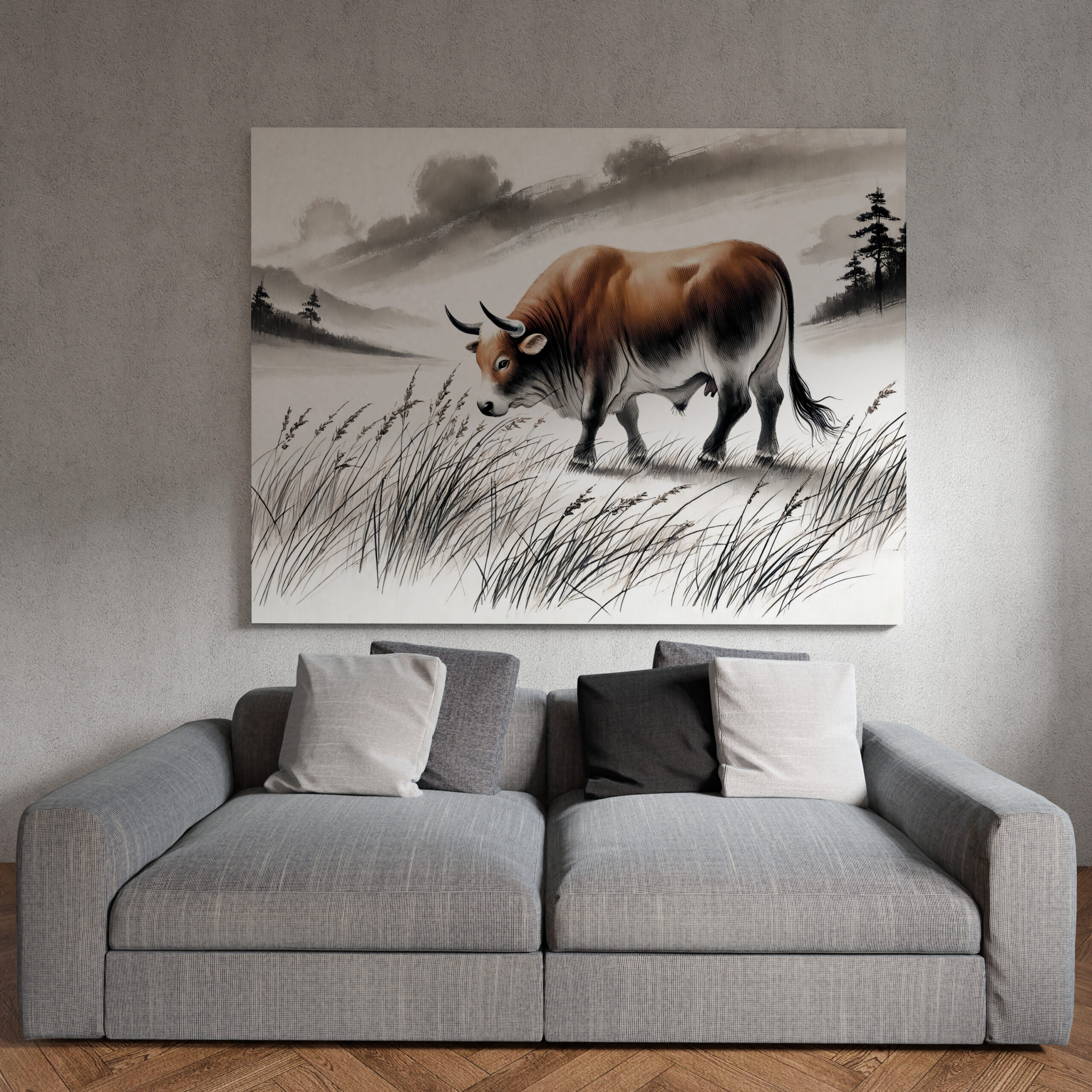 raxxa Canva: China ink zodiac Strong Ox Grazing on Meadow - Imagen 3