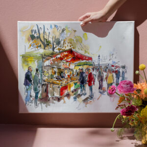 raxxa Canva: watercolor of a bustling weekly market in Berlin Mitte