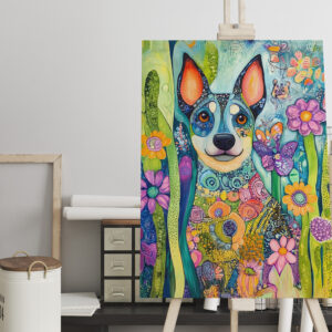 raxxa Canva: Vibrant Pop-Art Dog in Neon Colors with flowers