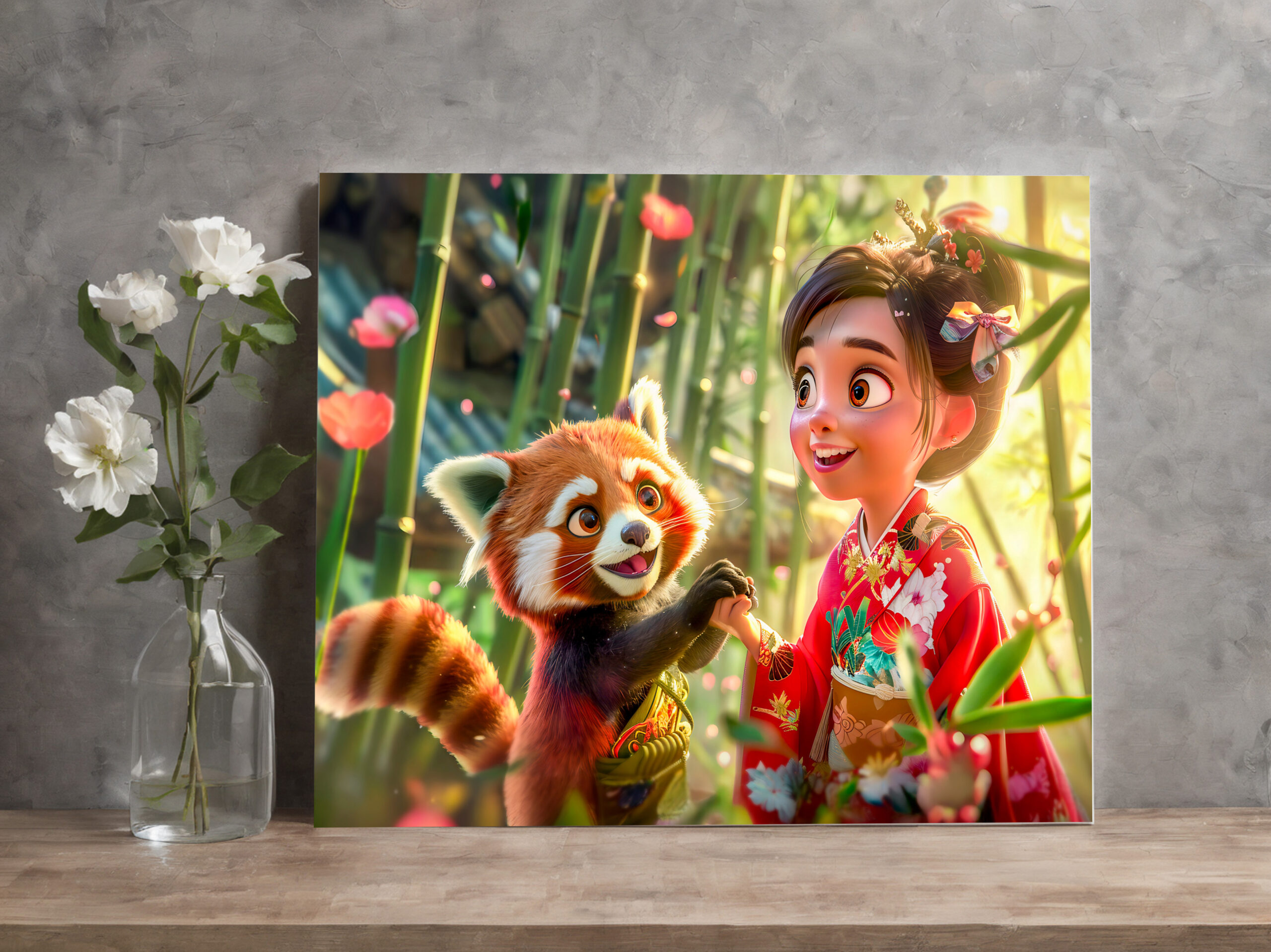 raxxa Canva: Comic Girl with Red Panda in Playful Scene