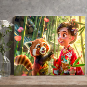 raxxa Canva: Comic Girl with Red Panda in Playful Scene