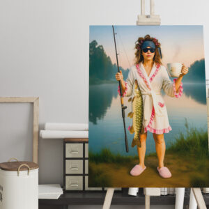 raxxa Canva: Sleepy Woman in Robe Catches a Big Pike