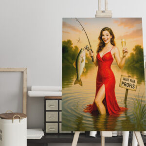 raxxa Canva: Elegant Woman in Red Dress Holding Big Fish