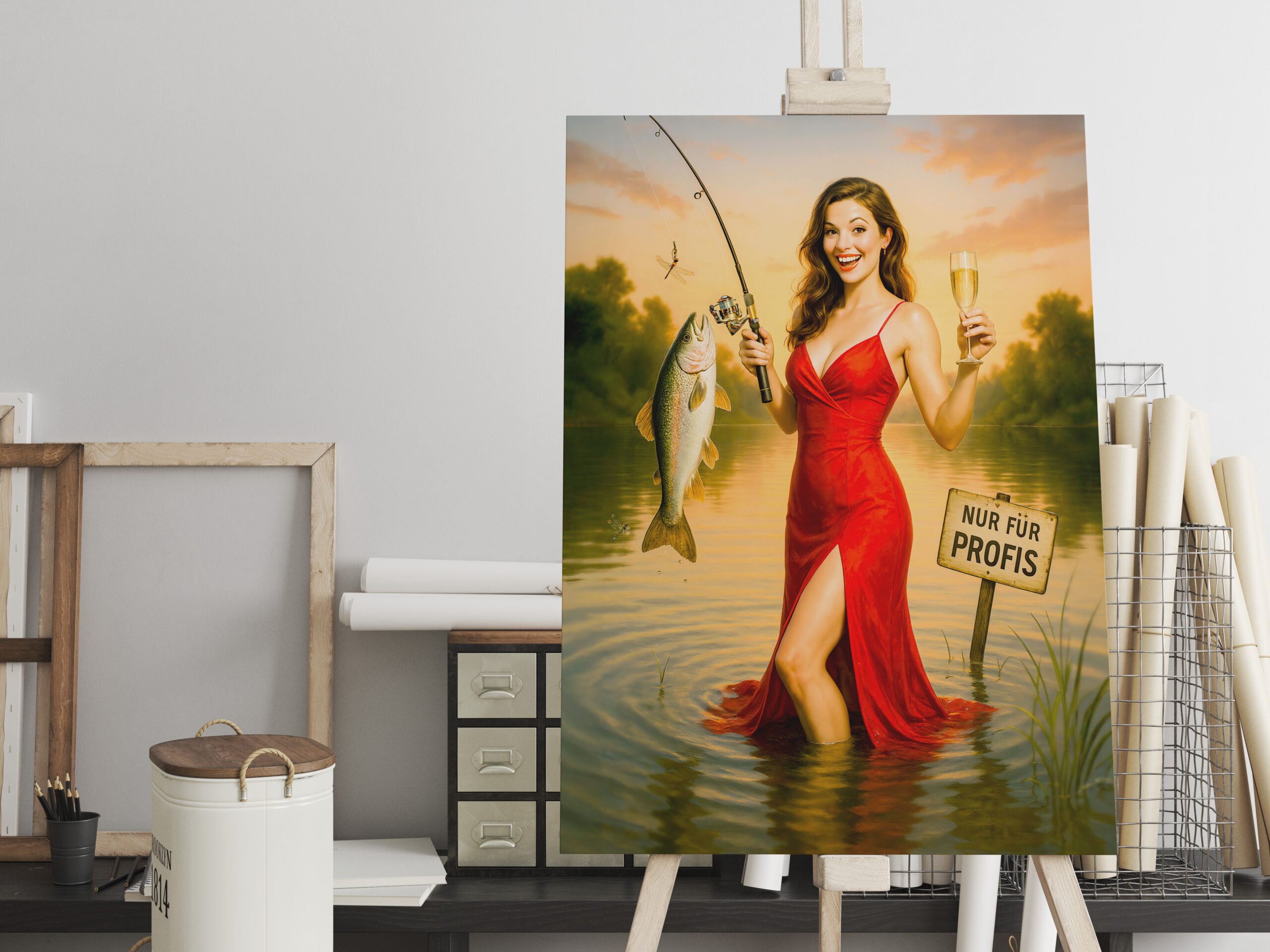 raxxa Canva: Elegant Woman in Red Dress Holding Big Fish