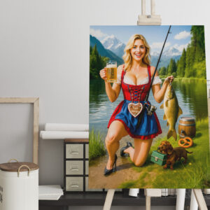 raxxa Canva: Funny Girl Fishing in Traditional Bavarian Dress
