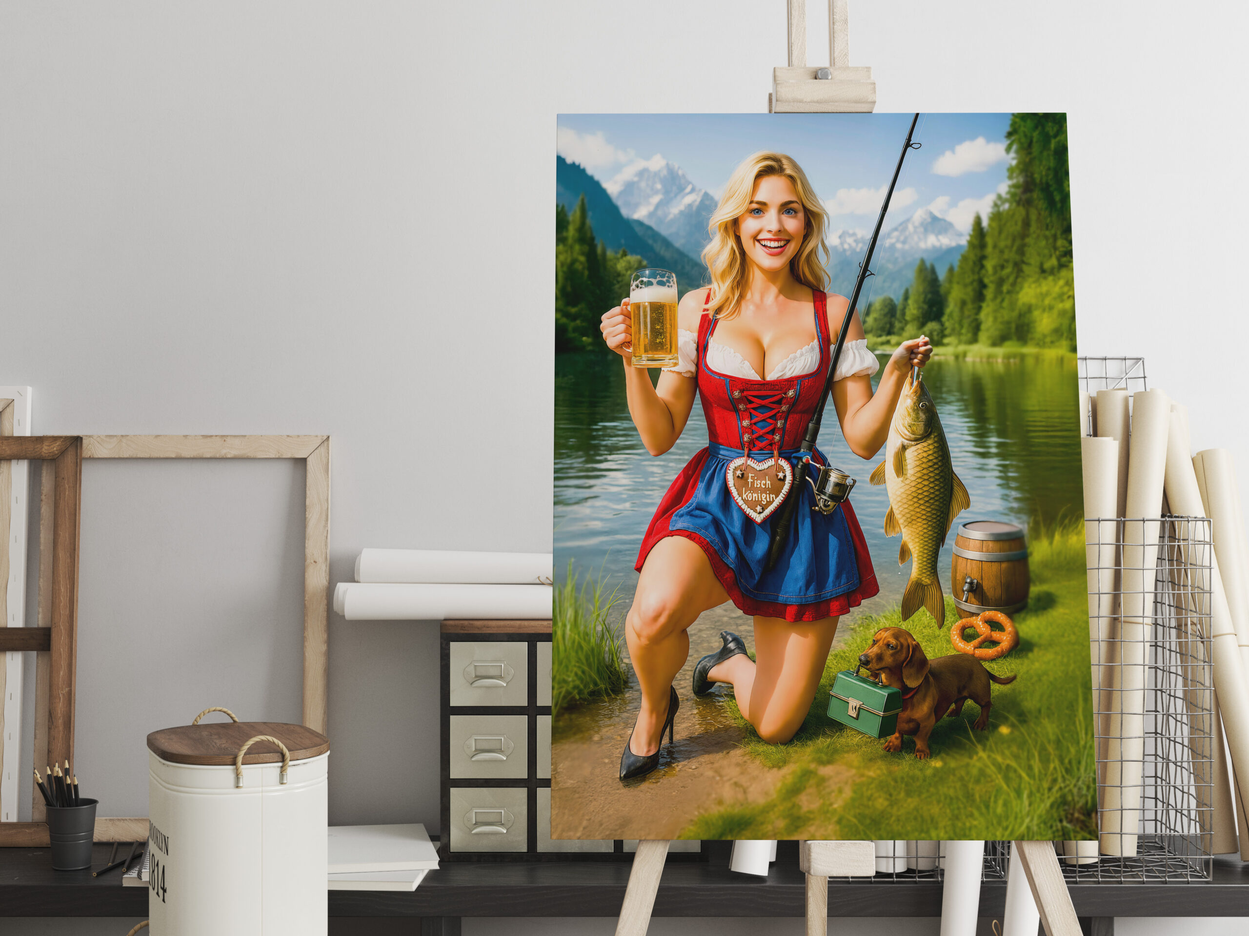 raxxa Canva: Funny Girl Fishing in Traditional Bavarian Dress