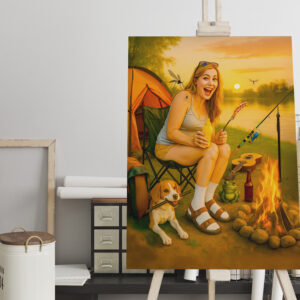 raxxa Canva: Scared Camper Woman with Dog and Tent