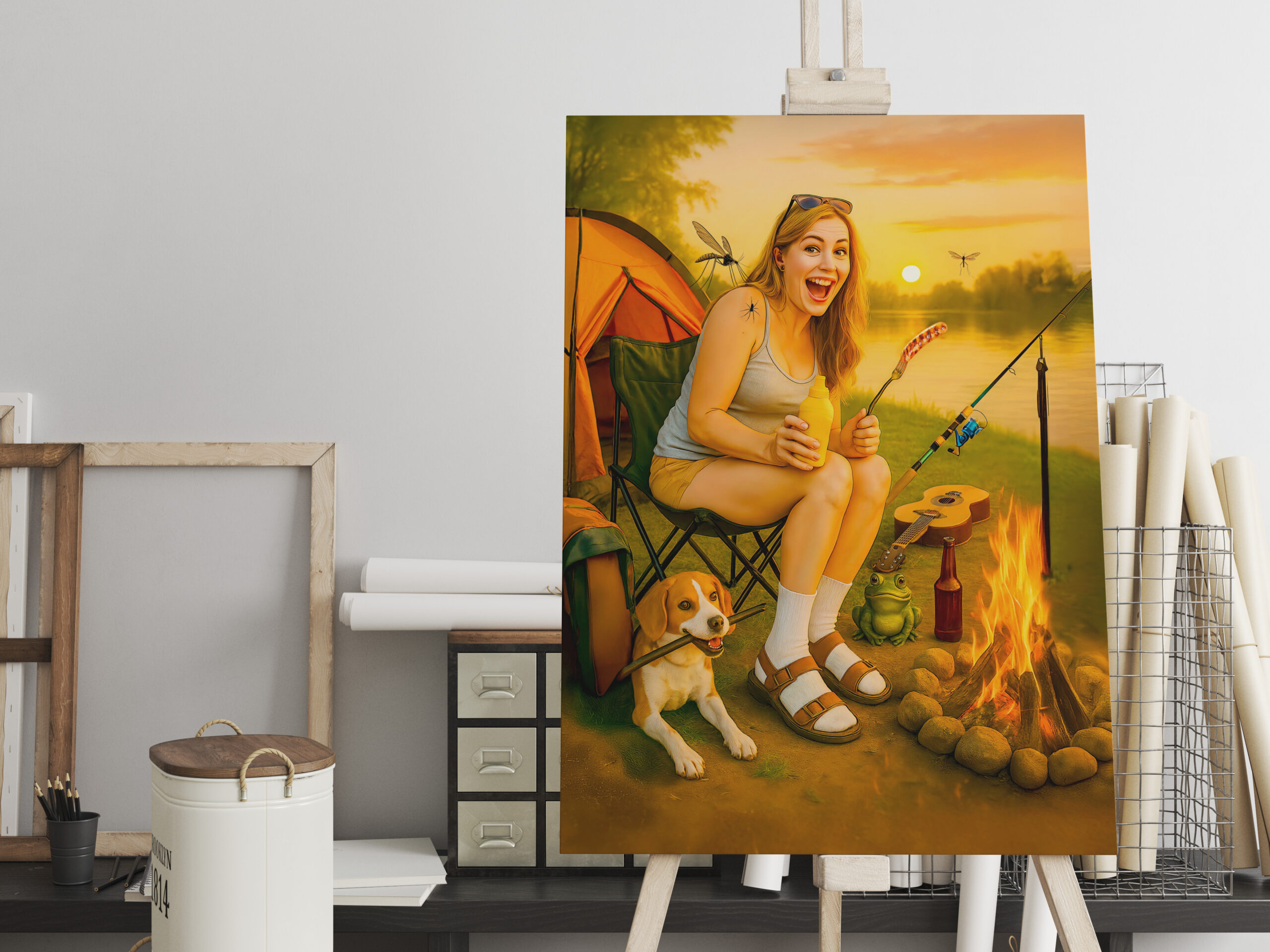 raxxa Canva: Scared Camper Woman with Dog and Tent