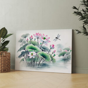 raxxa Canva: Lotus and Dragonflies painted in the style of Asian ink art