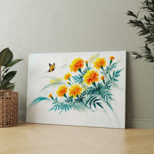 raxxa Canva: Yellow Daisies with Butterfly Asian Ink Painting