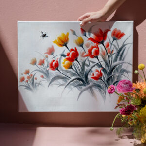 raxxa Canva: Red and White Tulips Asian Ink Painting