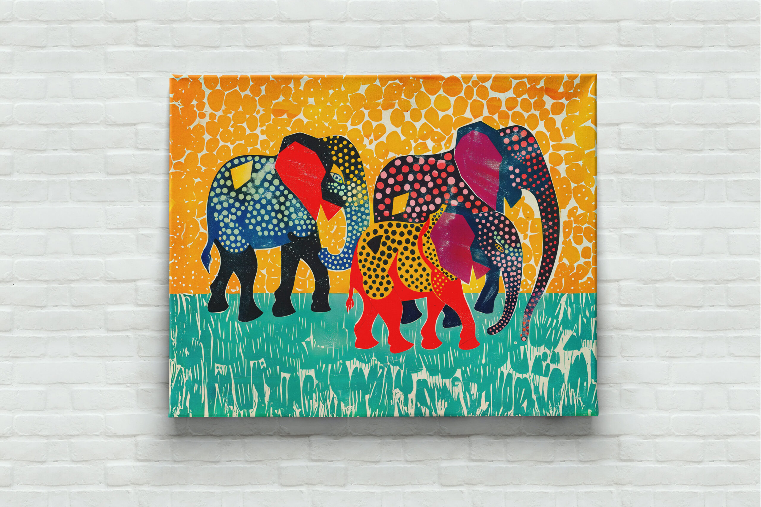 raxxa Canva: Three Abstract Elephants in Yellow Dot Field - Imagen 2