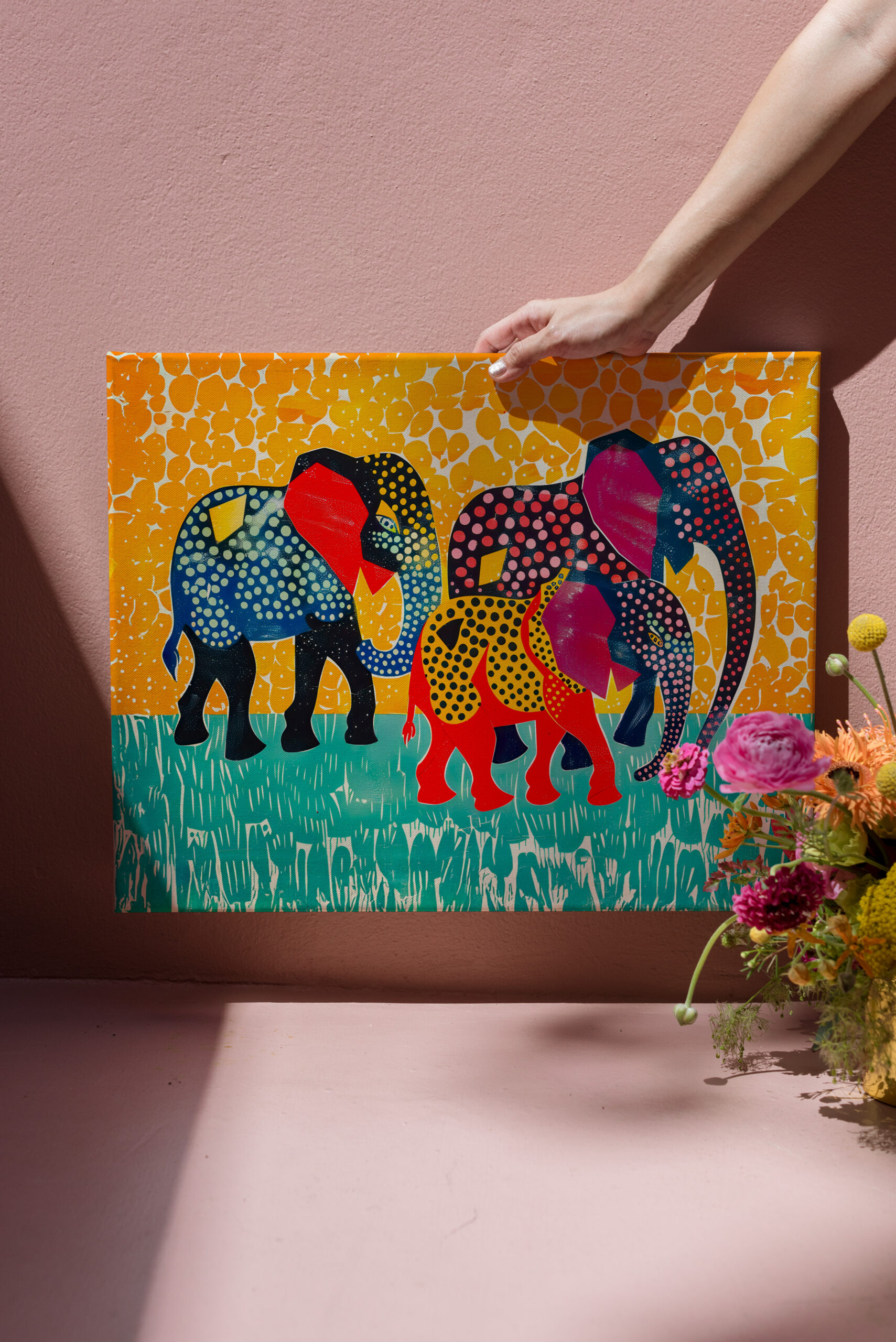 raxxa Canva: Three Abstract Elephants in Yellow Dot Field - Imagen 3
