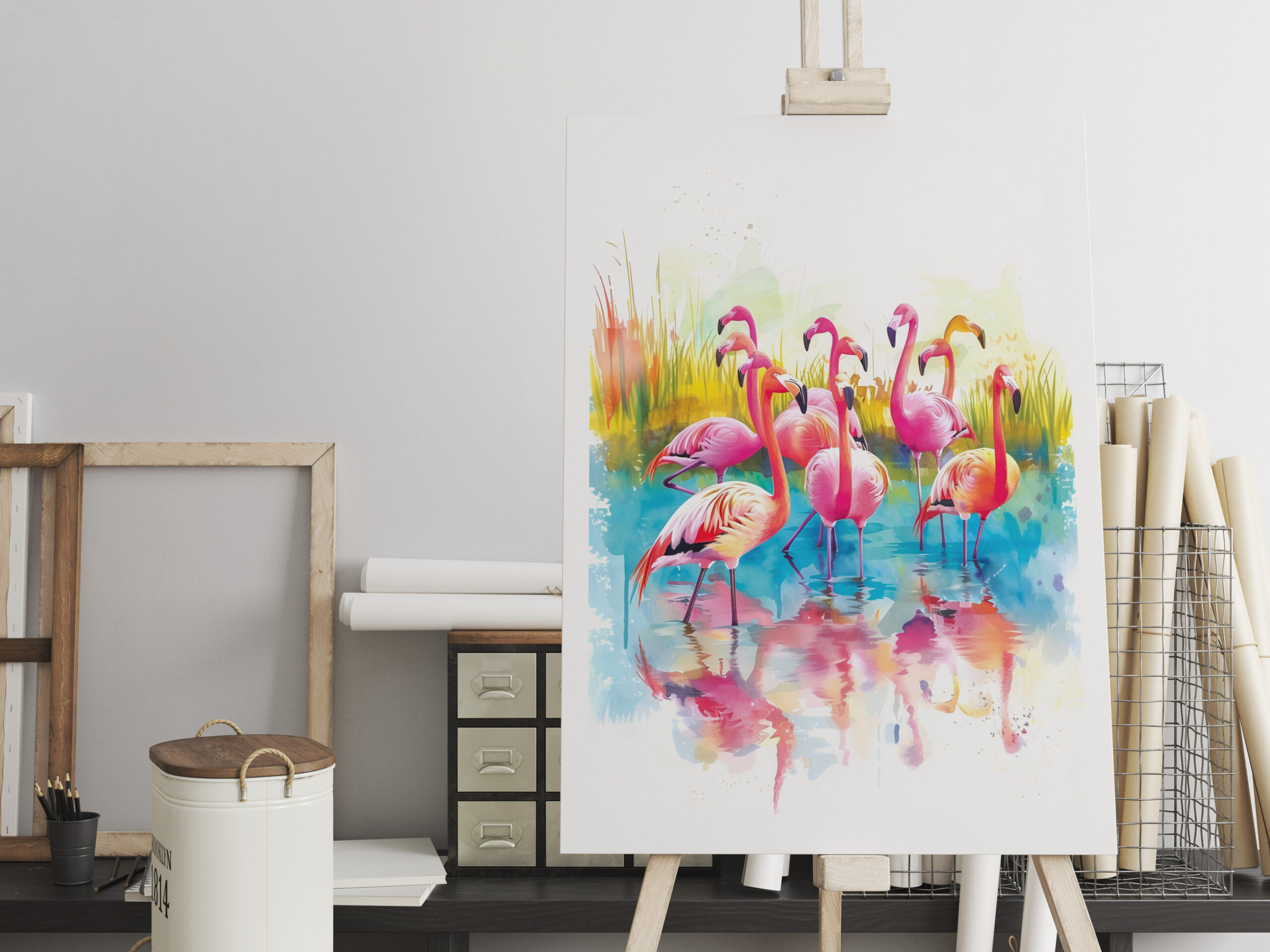 raxxa Canva: Watercolor painting of flamingos in a pond