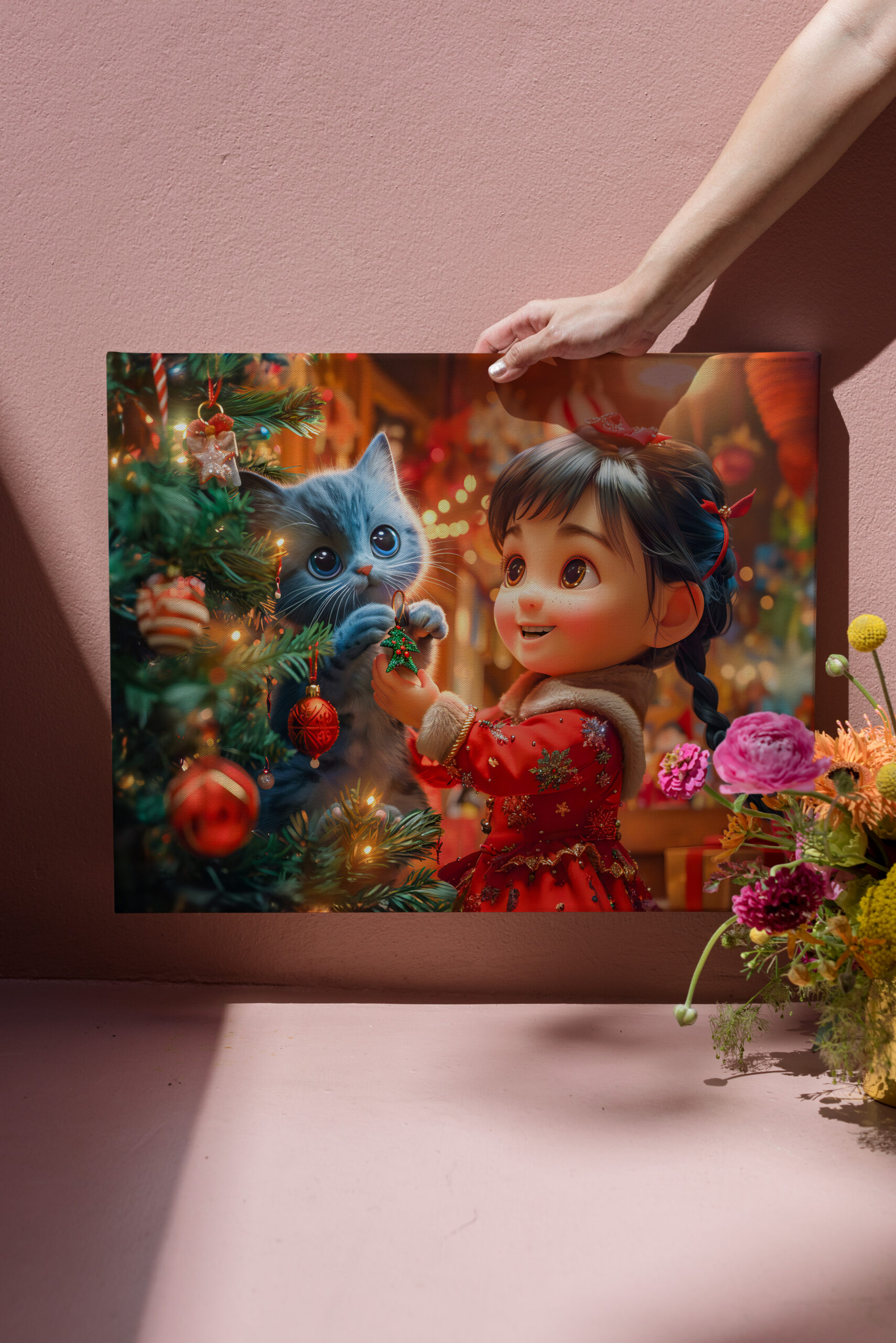 raxxa Canva: Girl and Cat Decorate for Christmas