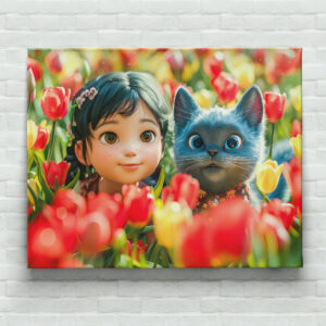 raxxa Canva: Spring Fantasy Girl and Cat in Tulips