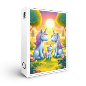 raxxa Premium-Puzzle: Liebevoller Sonnenuntergang der Einhornfamilie