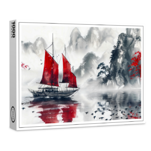 raxxa Premium-Puzzle: Chinese Watercolor Junk on Serene Lake