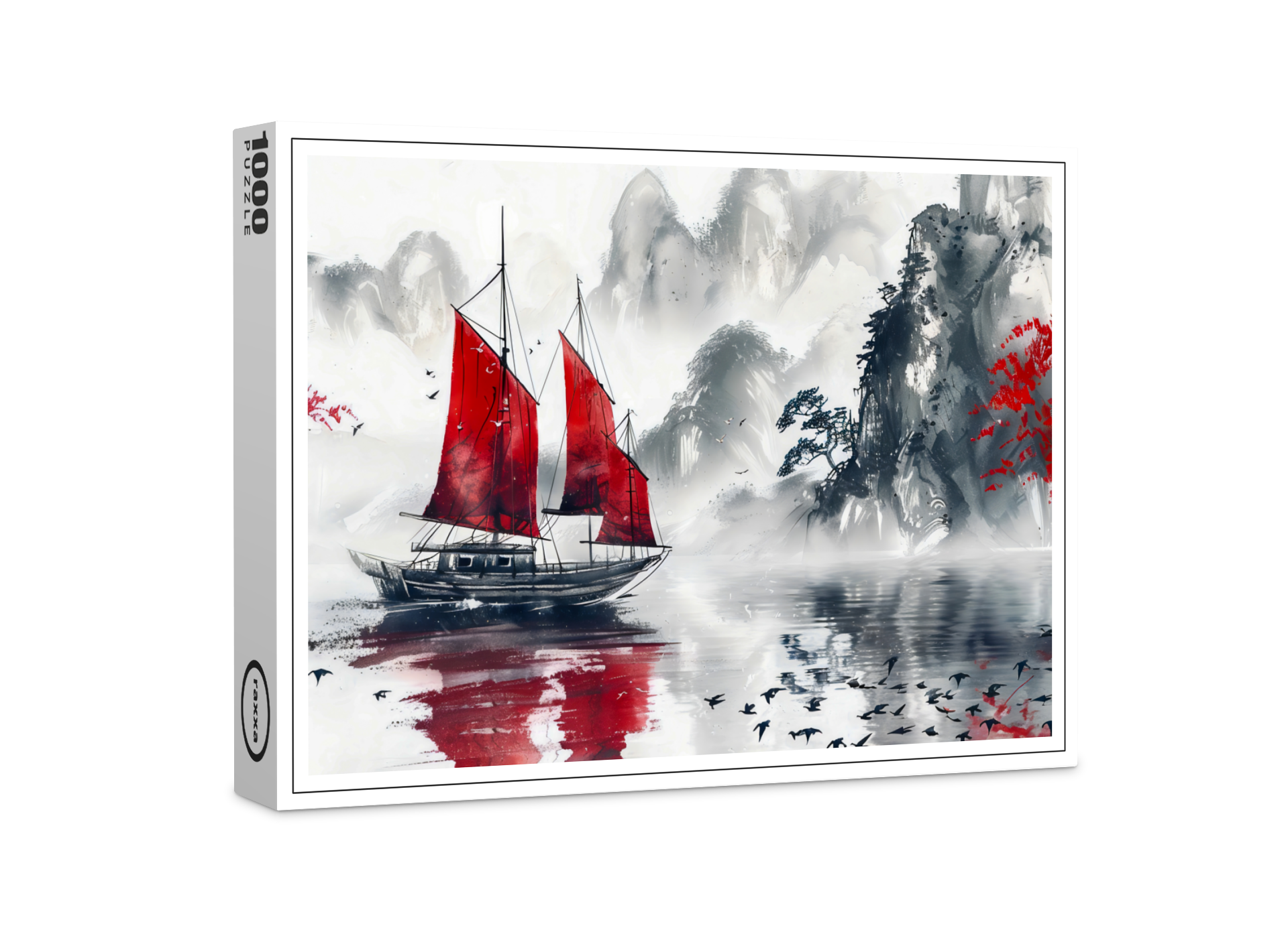 raxxa Premium-Puzzle: Chinese Watercolor Junk on Serene Lake