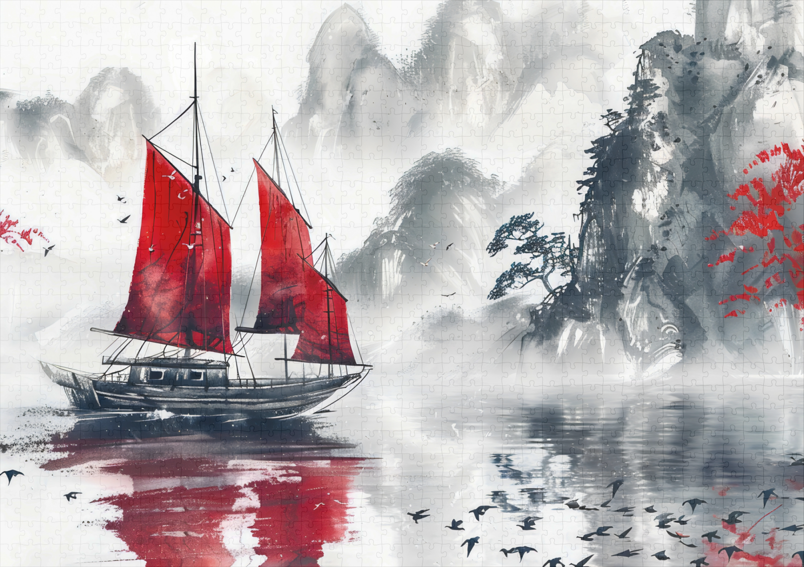 raxxa Premium-Puzzle: Chinese Watercolor Junk on Serene Lake – Bild 2