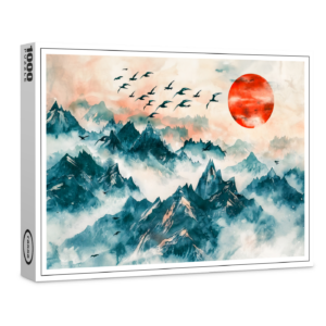 raxxa Premium-Puzzle: Chinese Watercolor Birds Soaring over Mountains