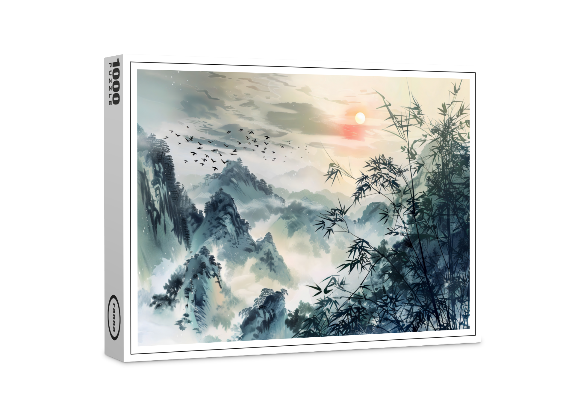 raxxa Premium-Puzzle: Chinese Watercolor Bird Migration at Sunset
