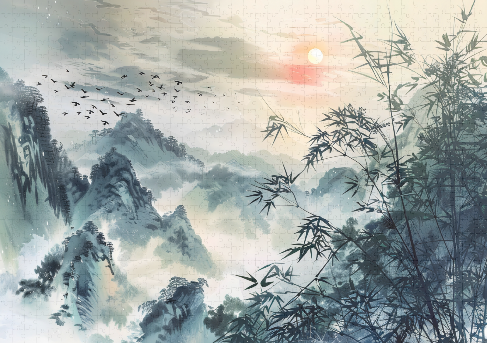 raxxa Premium-Puzzle: Chinese Watercolor Bird Migration at Sunset - immagine 2
